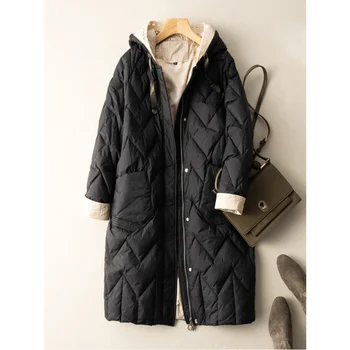 Дълго зимно яке на утином топола, женски стеганое топло палто с голям размер с качулка, Модерно ежедневното мозайка шиене на есен-зима Q569