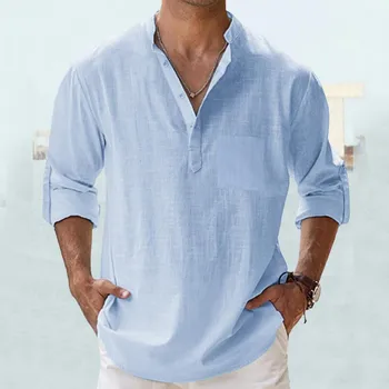 Памучен бельо мъжка риза Хенли, Къса Дишаща Удобна однотонная ежедневна блуза с дълъг ръкав и V-образно деколте, Хавайска риза, Свободен топ 2023